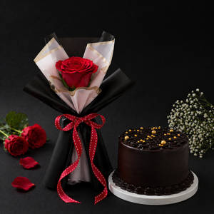 Truffle Bento Cake & Single Red Rose Bouquet