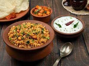 Puliyogare Rice Bowl + Mini Curd Rice + Vepudu