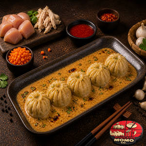 Achari Gravy Baked Chicken Momos 5 Pcs
