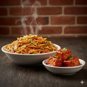 Veg Chowmein With Chilli Paneer [2Pieces]