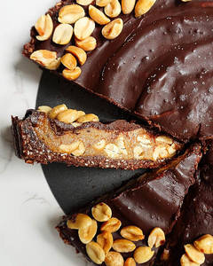 Chocolate Peanut Miso Caramel Tart Slice