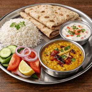 Deluxe Thali Dal Fry + Raita +Rice+ 3 Roti +Salad