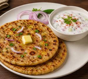 Desi Ghee Aloo Pyaaz Parantha + Raita