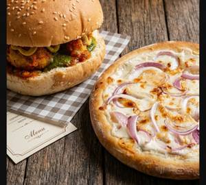 Onion Pizza + Veg Momo Burger