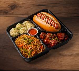 Half chowmein + 7 pc veg steam momos + butter paneer Hot dog+manchurian + dip