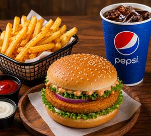 Crispy Veg Burger & Fries Box with Pepsi [400 Ml]