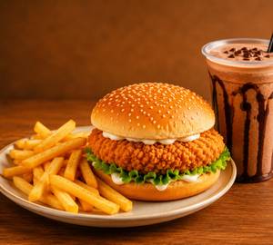 Crispy Chicken Burger & Fries Box with Chocolate Milkshake (350 Ml)