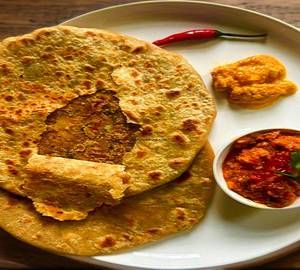 2 Pcs Sattu Paratha + Curd + Pickle + Ketchu