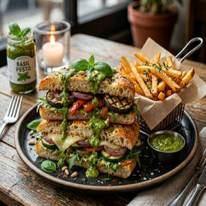 Pesto Roasted Vegetables  Focaccia Sandwich With Fries
