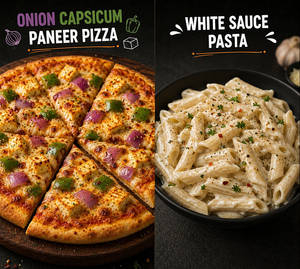 Onion & Paneer Pizza With Makhni Sauce+white Sauce Veg Pasta