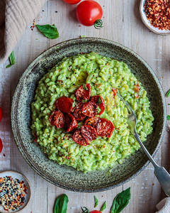 Cheesy Pesto Risotto With Olives & Cherry Tomato