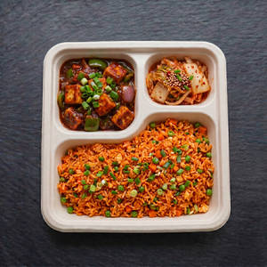 Paneer Chilli With Schezwan Fried Rice & Kimchi Salad