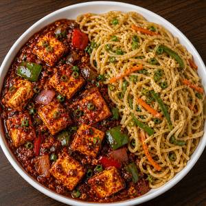 GARLIC NOODLES WITH SCHEZWAN PANEER GRAVY