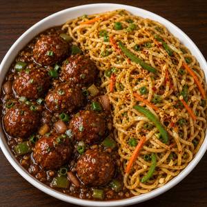CHILLY GARLIC NOODLES WITH GRAVY MANCHURIAN