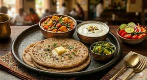 Sattu Paratha 2pcs+ Dahi+ Seasonal Sabji+ Salad