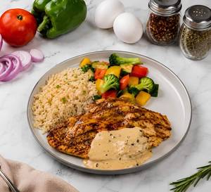 Grilled Chicken Breast With Sauce, Veggies & Rice