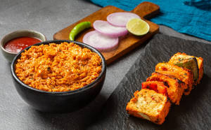 Paneer Butter Masala Rice Served Withpaneer Tikka And Salad