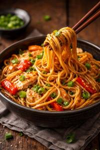 Special Chicken Hakka Noodles with Special Schezwan Chutney [Serves