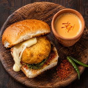 1 Kesaria chai + 1 Cheese vada pav