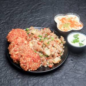 Sabudana Khichdi And Sabudana Wada With Falhari Raita Green Chutney Combo                      