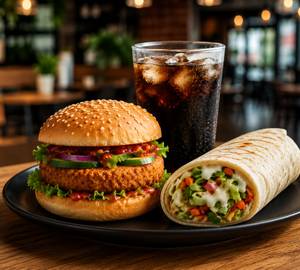 Veg Schezwan Burger & Veg Mayo Cheese Frankie With Coca Cola/Thumbs Up