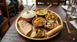 Veg Thali.                 (Plain Rice+Dal+Sabzi+Bhujia+Pickle+Papad+Salad[Subject to Availability])