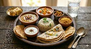 Special Thali.  Butter Roti+ Jeera Rice+Dal Fry+MatarPaneer+Bhujia +Papad+Achar+Dahi+sweets