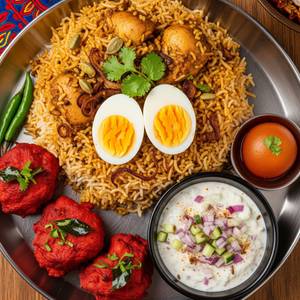 Chicken Briyani +Chicken 65 3 Pcs+ Egg+ Sweet+Onion Raita