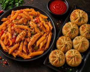 Chicken Spicy Arrabbiata Penne Pasta + Chicken Momos Fried
