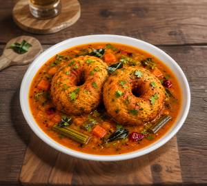  4 pieces Sambhar vada  with coconut chutney and red chutney 
