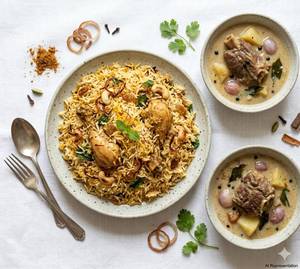 1 Chicken biryani [full] + 2 Mutton ishtu [1 piece]