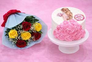 Womanhood American Dry Fruit Cake and Bouquet Combo