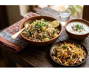 Upwas Thali (Sabudana Khichdi With Curd And Chivada)