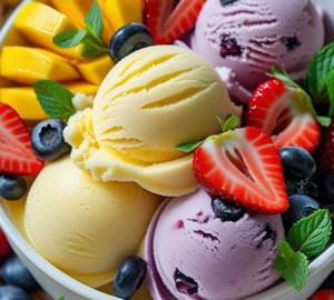 Fruit salad with ice cream
