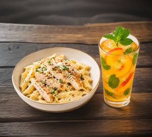Chicken Alfredo Pasta + Peach Mojito