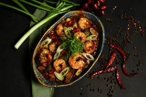 Three Pepper Bomb Prawns