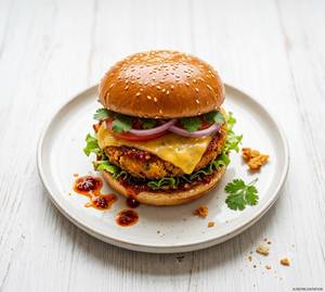 Schezwan Aloo Tikki Cheese Burger