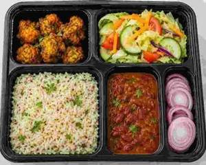 Veg Lunch Box-iii Herbed Rice + Rajma Gravy + Veg Starter + Salad