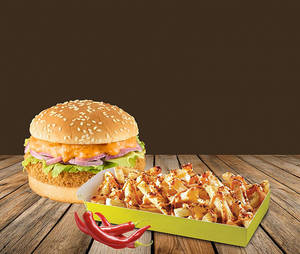 Mac & Cheese Burger + Peri Peri Loaded Fries