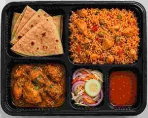 Quick Nonveg Lunch-1chapati+flavoured Rice -Chicken Gravy+salad +Sauce