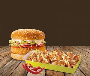 Crispy Veg Burger + Peri Peri Loaded Fries