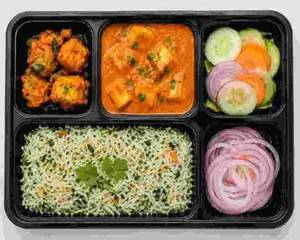 Veg Lunch Box-i (Herbed Rice +Paneer Gravy + Veg Starter + Salad )