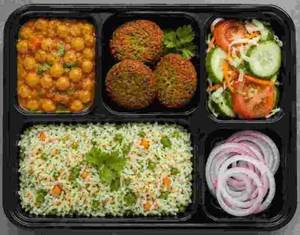 Veg Lunch Box- Ii (Herbed Rice + Channa Gravy + Falafel Kebab + Salad)