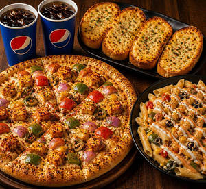 Achari Paneer Pizza (large)+ Garlic Bread Loded+mix Sause Pasta+2pepsi