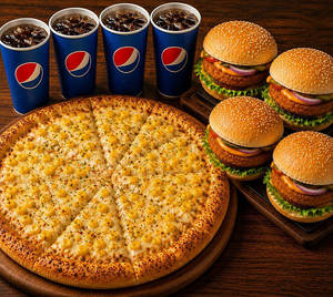 1 Cheese Corn Pizza (large)+ 4 Aaloo Tikki Burger+ 4 Pepsi
