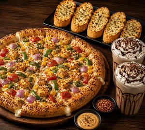 Punjabi Pizza (med.)+ Garlic Breadcheese Stuff+ 2 Cold Cofiee