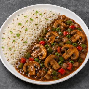 Jeera Rice With Chilli Mushroom Gravy