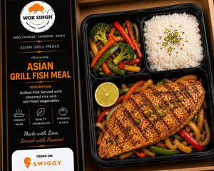 Asian Grill Fish Meal With Veggies And Rice