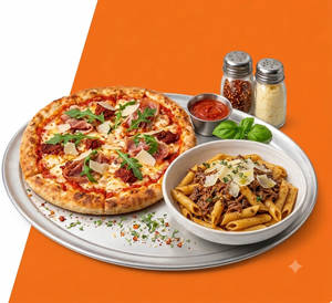 Veg Pizza + White Sauce Pasta