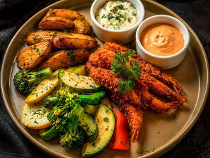 Crispy Prawns (5 Pcs) With Sauteed Veggies & Potato Wedges